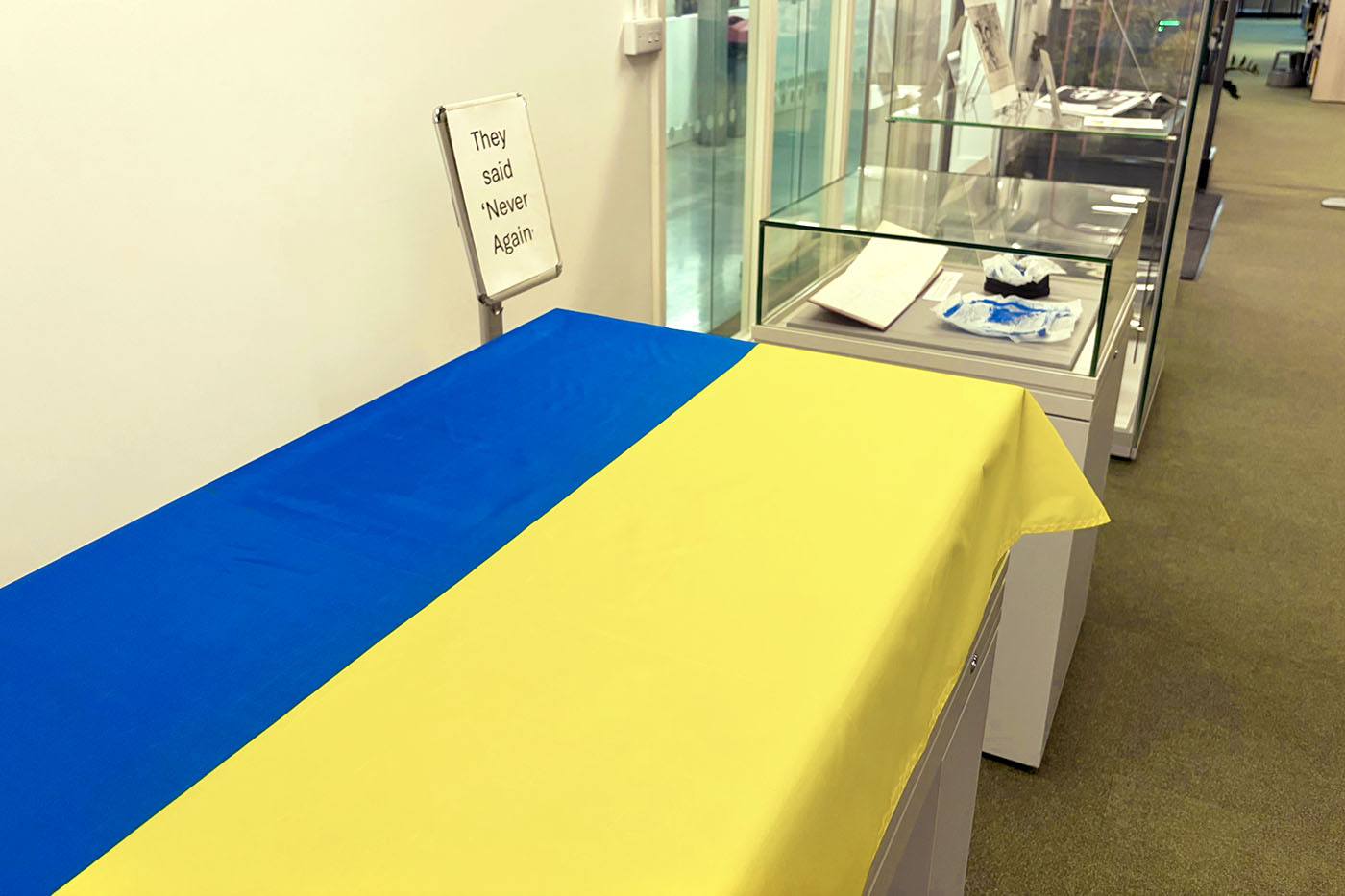 Vitrine with Ukrainian flag