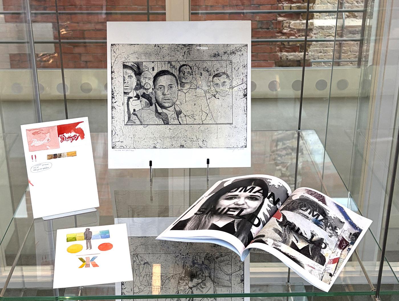 Detail of The War Years: works by Stanislav Turina (left), Historical Moments, and Human Shield
